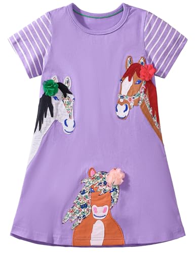 Hongshilian Toddler Girls' Cotton Casual Dress Cartoon Embroidery Applique Basic Short Sleeve Tunic Shirt Dresses