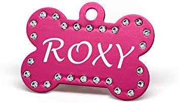 Custom Engraved Pet ID Tags with Swarovski Crystal - 1.5" Long x 1" Tall, Anodized Aluminum, Bone Shape, Pink