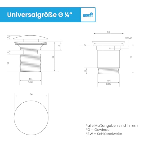 Bächlein Universal Ablaufgarnitur mit Überlauf (Chrom) - Pop Up Ventil für Waschbecken und Waschtisch – Ablaufventil Abflussgarnitur aus Messing mit Einbauanleitung