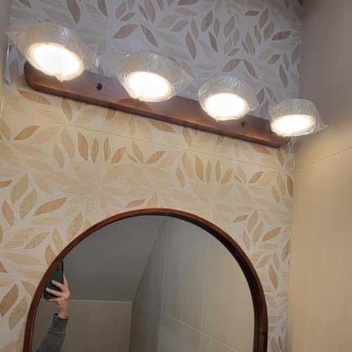 Image of Dark Wood Farmhouse Bathroom Vanity Light 4 Lights Modern Stone Cylinder Wall Lamp Travertine Shade Linear Bathroom Wall Sconce Rotatable LED Wall Light Over Mirror - Walnut Color