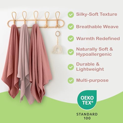 Image of Organic Muslin Baby Blanket 2-Pack Rose & Peach, 47x47 Inch 100% Organic Cotton Oeko-TEX Certified Hypoallergenic Swaddle Blanket for Newborn Girls, Elegant Baby Girl Shower Gift
