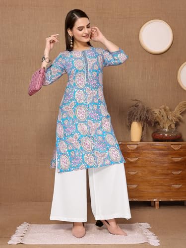 Image of rangita Blue Cotton Knee Length Printed Straight Kurti for Women | Kurta for Women
