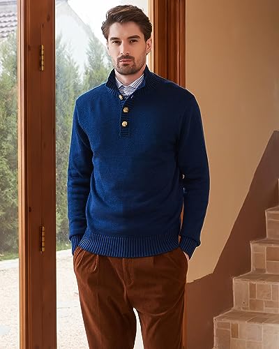 Kallspin Men's Pullover Sweater Wool Blend Midweight Mock Neck Quarter-Button Long Sleeve Pullover2