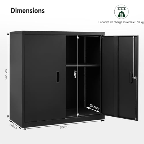 Caisson Bureau Métal Verrouillable 2 Étagères Noir WOLTU