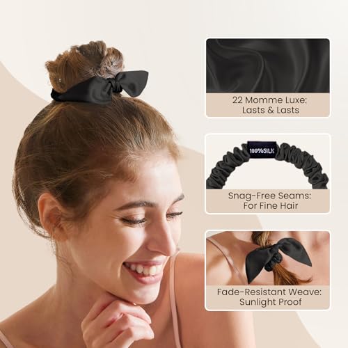 Image of THXSILK 100% Mulberry Silk Bow Scrunchies 3-Pack, 22 Momme Mulberry Silk Hair Ties for Women, Cute Bunny Ear No Damage Ponytail Holders, Fashion Hair Accessories for Girls(S, Dark Colors)