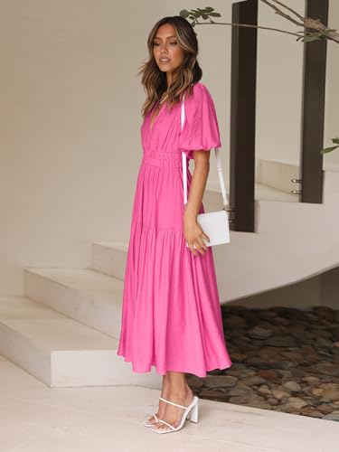 Image of Women's Summer Deep V Neck Puff Short Sleeve Tiered Maxi Dress Flowy A Line Long Dresses