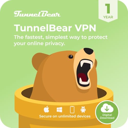 TunnelBear VPN, Unlimited Devices, 1-Year Subscription, VPN Software for Internet Privacy, Unlimited Data, Digital Download