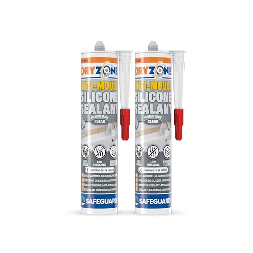 Dryzone Silicone Sigillante Antimuffa Trasparente (2 x 310ml) - Per Ambienti Interni Umidi, Asciugatura Rapida, Adesione Forte, Lunga Durata Contro la Muffa
