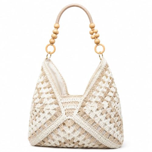 Cemssitu Straw Bags for Women 2026, Crochet Woven Beach Tote Bag with Wooden Beads, Boho Shoulder Purse for Summer Vacation Travel (Khaki)