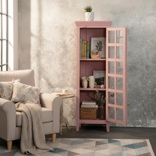 Image of APRODZ Mango Wood Crockery Cabinet with Glass Door | Wooden Kitchen Storage Cabinet for Dining Room Living Room & Bedroom | Tall Storage Cabinet with Shelves | Display Cabinet for Home, Light Pink