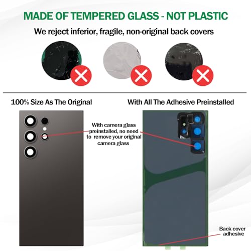Galaxy S24 Ultra Back Cover Glass Replacement with Pre-Installed Camera Lens + Installation Manual + Repair Tools for Samsung Galaxy S24 Ultra 5G SM-S928 All Carriers (Phantom Black) by ASDAWN - Image 4