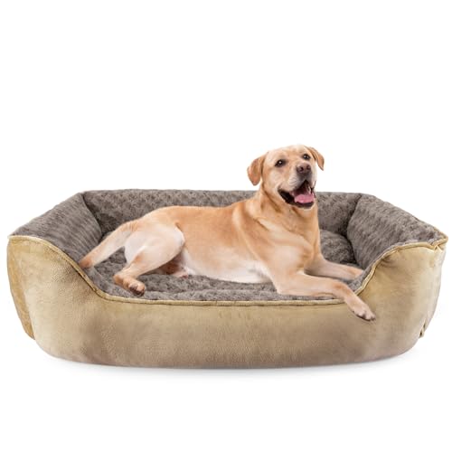 Image of JOEJOY Dog Bed Large Washable - Calming Anti-Anxiety Rectangle Cat Bed with Soft Cosy Plush - Pet Bed Size Small | Medium | Large Mattress Mat For Dog, Beige