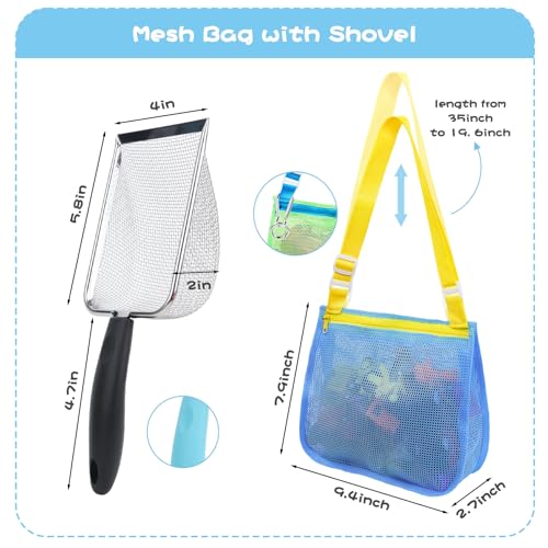 3 otters 2Pack Beach Mesh Shovel with Mesh Beach Bag for Shell Collecting, Sand Sifters Shell Collect Bag for Kids, Great Shelling Tools