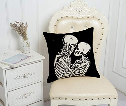 Qiqiany Skull Couple Decorative Throw Pillow Cover 18X18 Inch Square Linen Skull Lovers Skeletons Pillow Case Home Decor Art Skull Pillow Cushion Cover For Sofa Kitchen Bedroom #TOP1
