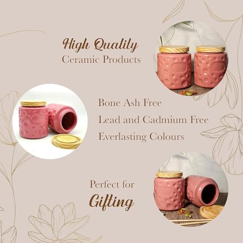 Image of Ceramic Kitchen Storage Jar Set of 2 (750 ml)| Airtight Pink Canisters for Tea, Sugar & Spices | Modern Storage Containers | Airtight Pickle /Barni Jars with Lid | Countertop Food Jars for Kitchen