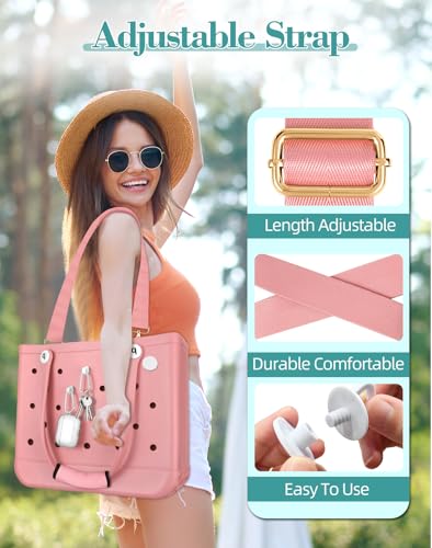 Image of Bag Strap Charms Crossbody for Bogg Bag Accessories - Shoulder Strap Neoprene Luggage Handle Wrap for Suitcase & 2 Key Holders Pink