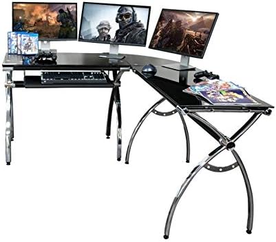 Techni Mobili L-Shaped Colored Tempered Glass Top Corner Desk With Pull Out Keyboard Tray, 61.25" W X 55" D X 30" H, Black