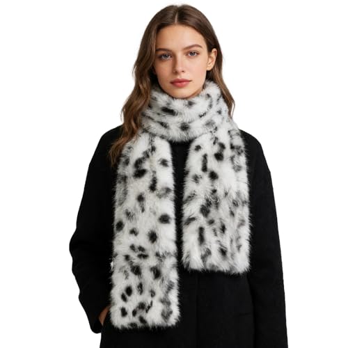Faxianther Écharpe Femme Hiver en Fausse Fourrure de Lapin Artificiel Foulard à Motif Léopard Chic Châle Étole Peluche Ultra-Doux Épais Chaud, 194 * 15 cm