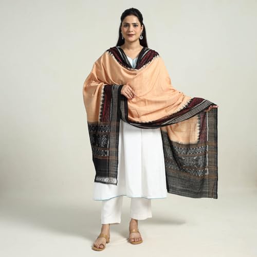 Image of Cotton Dupatta with weaving and Ikat woven border from the Weavers Stole for Girls & Women