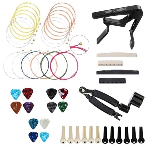 48PCS Acoustic Guitar Accessories Kit, Including Strings, Picks, Capo, String Winder, Bridge Pins, for Guitar Players and Beginners