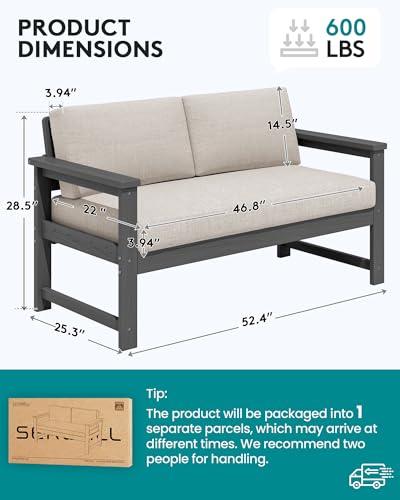 Image of SERWALL Gray HDPE Outdoor Loveseat with Khaki Cushions, All Weather Use Outdoor Loveseat Sofa, Gray Frame with Khaki Cushions