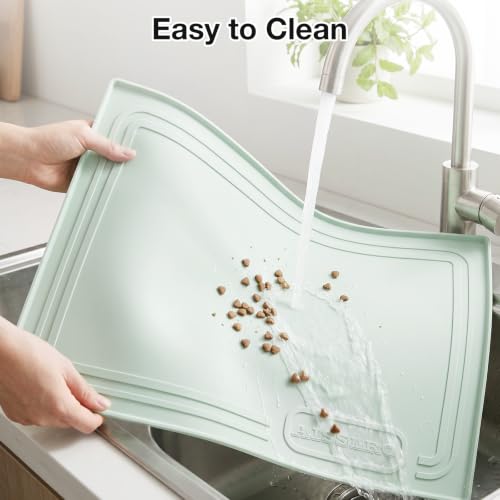 Image of 22x19 Pet Feeding Mat Waterproof Nonslip Cats and Dogs Water Bowl Mat | Silicone 0.59 inch Raised Edges Contain Food & Water Spills, Easy To Clean, Bpa-Free, Reinforced To Resist Collapse,Light Green