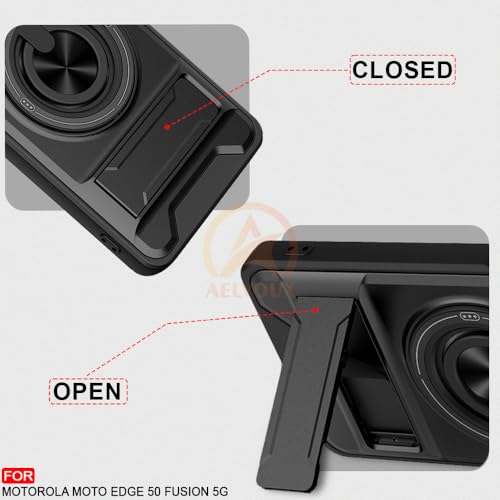 Image of Moto Edge 50 Fusion / G96 5G Back Cover | Armor Camera Slider 360 Degree Rotating Finger Ring Holder Case with Bracket Stand Back Case Cover (Compatible with MagSafe Accessories) (Black)