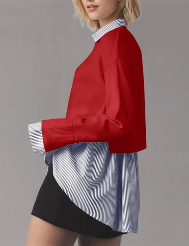 Women Asymmetrical Patchwork Sweaters Lapel Collar 2 In 1 Sweater Slit Asymmetrical Hem Button Down Shirts Top4