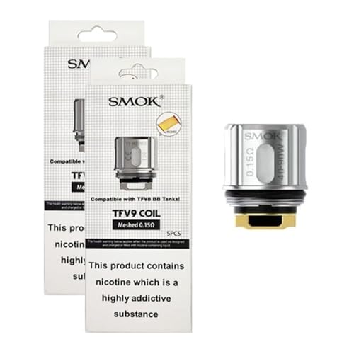TVDC Smok TFV9 Coils - 5 Pack [0.15ohm Mesh] | Wattage: 40-90W | V9 Meshed 0.15ohm Coil | Strong Power & Huge Vapour Production | TVDC, 2ml Cartridge No Nicotine (0.15ohm Mesh - 10 Pack)