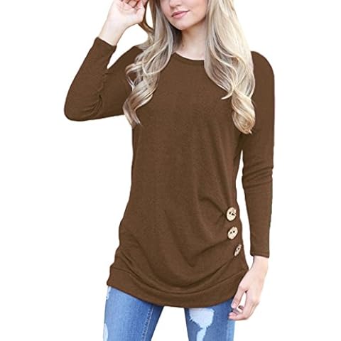 Maketina Women's Blouse Long Sleeve Round Neck Side Buttons Casual Tunic Top - Brown Cover