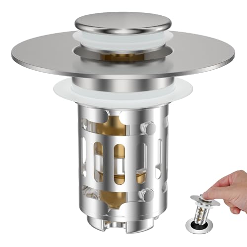 Hibbent Universal Bathroom Sink Drain Strainer, Upgraded 3 in 1 Pop Up Stopper, Removable Stainless Steel Filter Basket, Brass Bullet Core, Hair Catcher Sink Plug for 1.1''~2.36'' Hole, Brus
