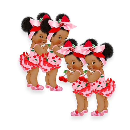 Girl Paper Cutouts Fruit Theme African American Baby Shower Birthday Decoration One Sided Print (African American Pink Cherry Girl, 16 inches - 4pcs)