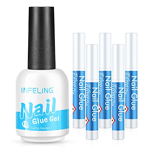 Nail Glue for Fake Nails - Acrylic Nail Glue Gel Glue for Nails with 5pcs 2g Nail Glue Adhesive Super Bond for Fake Nails Tips, INFELING Gel Nail Glue for Press on Nails, Base Coat, Slip Solution