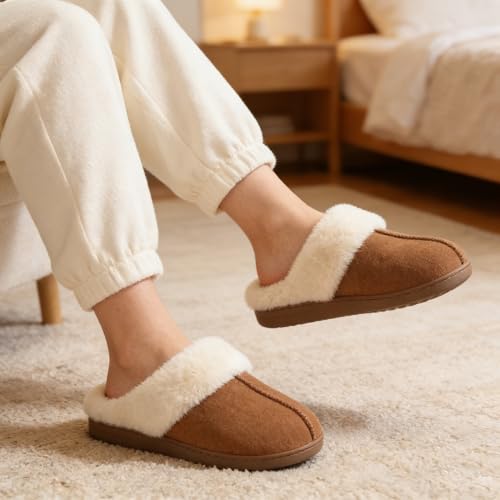 Image of Evshine Warm Knit House Slippers for Women Comfy Wool-Like Lined Chenille Slippers with Memory Foam and Indoor Outdoor Soles