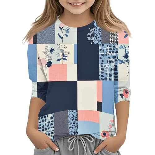 3/4 Length Sleeve Girls Shirts Trendy Fall Crew Neck Tops Fashion Floral Print 3/4 Sleeve Casual Blouses Outfits Loose