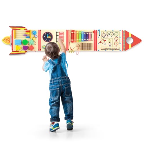 Image of Hdsahdok 5FT Large Wooden Activity Wall Busy Board, Montessori Sensory Wall Panel for Toddlers, 12 in 1 Learning Activitie Center,Gift for Kids 1-3 Year Olds, Playroom Toy for Boys and Girls