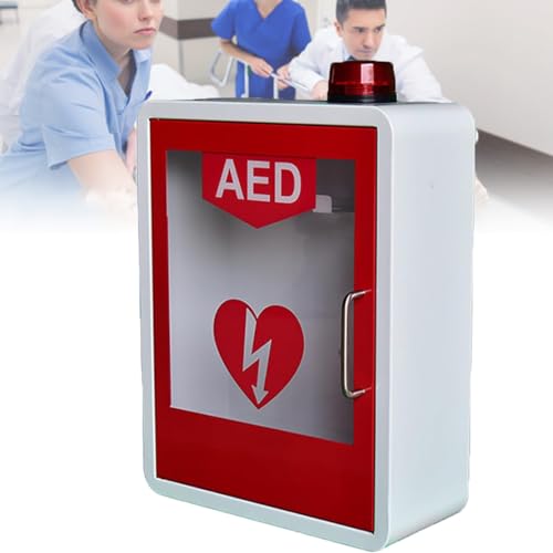 CYMYYDS AED Defibrillator Storage Cabinet with Key and Alarm, Cardiac Defibrillation Alarm Box First Aid Cabinet, Defibrillator Unit for Home, Schools, Clubs and Groups,Red