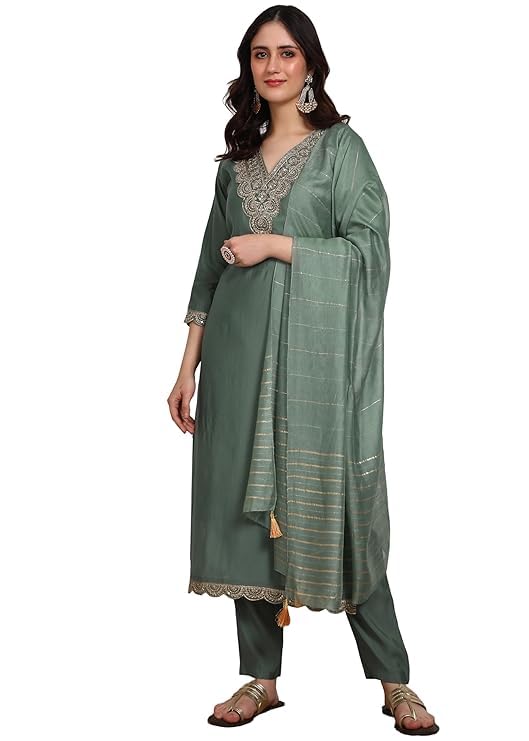Image of Women's Viscose Rayon Embroidered Kurta Pant Set with Dupatta