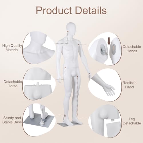 ZENY Male Form Mannequin Full Body with Adjustable Posture, 73 Inches Male Mannequin Model Stand for Retail Clothing Shops, White