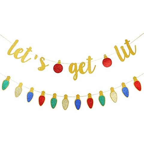 Gold Lets Get Lit Banner Christmas Party Banner, Let's Get Lit Garland Christmas Holiday Banner for Ugly Christmas Sweater Party Decorations, Merry Friendsmas Christmas Party Decorations Cover