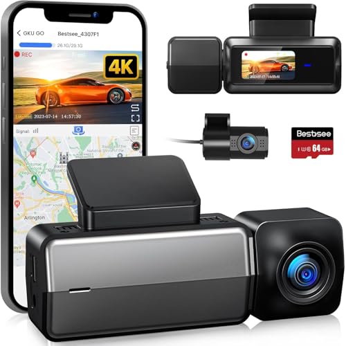 Bestsee Dash Cam Front and Rear Camera with Built-in WiFi GPS, 4K/2.5K Full HD Dashcams for Cars Come with 64G SD Card, APP, 24h Parking Mode, G-Sensor, Loop Recording, Night Vision, WDR (M33-CA)