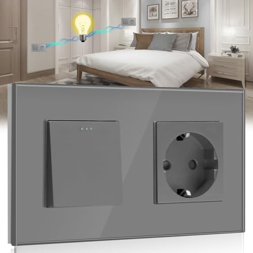 BSEED Interruptor con pulsador de pared y con Enchufe 1 Gang 2 Vías conmutador+ 16A Schuko 10A Gris