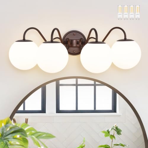 Image of Oil Rubbed Bronze Bathroom Vanity Light Fixtures Over Mirror 4 Lights