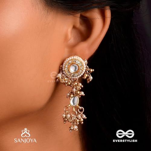 Image of SANJOYA by EVERSTYLISH Kundan Earrings for Women | Classic Pearl & Gold Accent Dangler Earrings | Ethnic Jewelry for Weddings, Festivals & Special Occasions