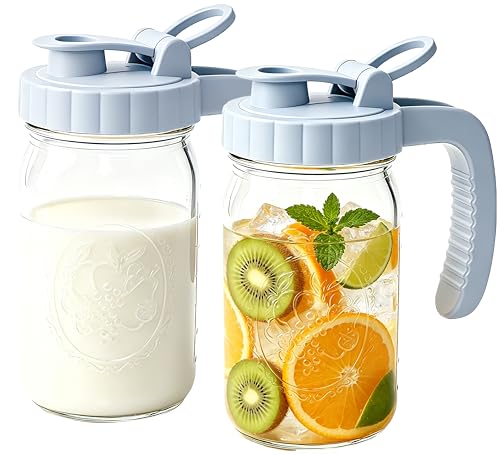 Glass 32 Oz Mason Jar Pitchers With Pour Lid 1 Quart Breast Milk Pitcher Wide Mouth Breastmilk Storage Jug Container For Fridge Coffee Creamer Iced Sun Tea Juices Lemonade Airtight 2 Set