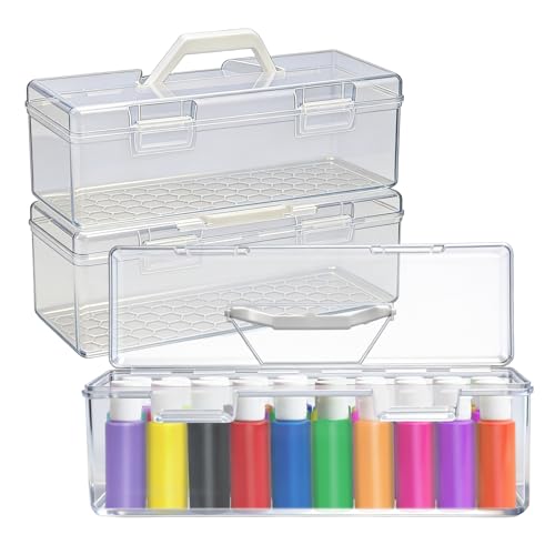 3 Pcs Portable Acrylic Clear Plastic Paint Storage Box with Handle for 2 fl oz Bottles