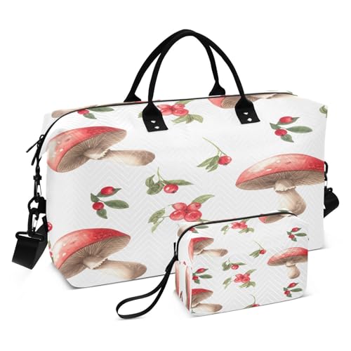 Large Foldable Travel Duffel Bag, Waterproof Gym Bag for Men & Women, Carry-On Luggage Weekender Overnight Bag, Mushrooms Red Berries