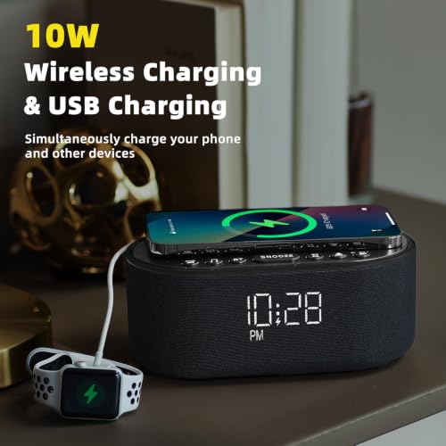 Image of Sound Machine Alarm Clock for Bedrooms with 21 Soothing Sounds | Dimmable - Bluetooth 10W Stereo - Sound Speaker with Wireless Charging - Sleep Sound for Baby Kids Adults
