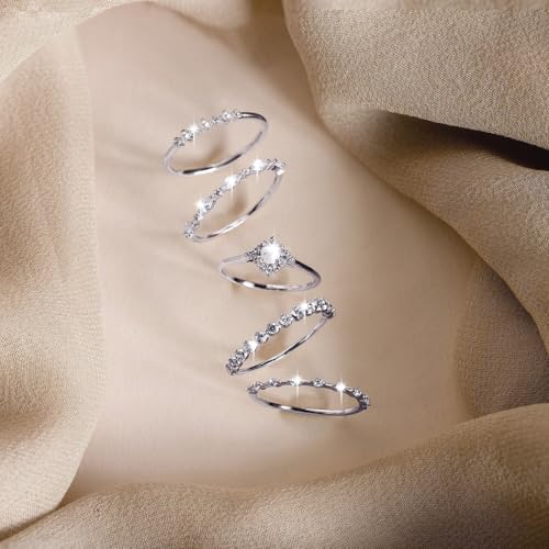 DEARMAY Stackable Silver Rings for Women Non Tarnish, Dainty Sterling Silver Diamond Pearl Rings Set Thumb Fashion Thin Cubic Zirconia Simple Unique Statement Ring Pack Women Jewlery 6/7/8/9/10 5