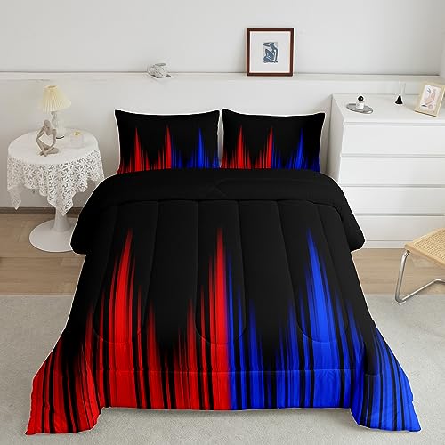 Image of Feelyou Abstract Ombre Comforter Set Queen, Red Blue and Black Comforter Ombre Striped Comforter for Kids Toddler Geometrics Lines Duvet Set 3Pcs
